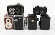 VARIOUS MANUFACTURERS: Six mid-20th century TLR&nbsp;cameras - one Atak Inka, one Atoms Aiglon Reflex I, one GOMZ Lubitel&nbsp;with Cyrillic lettering, one Tokiwa Firstflex I,&nbsp;one rare red Haking Kinoflex Super Reflex,&nbsp;and one Rosko Bedfordflex. (6&nbsp;cameras) - 2