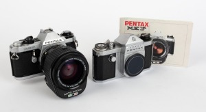 ASAHI KOGAKU: Two chrome-body SLR cameras - one c. 1958 Pentax K body [#165492] with metal body cap, and one c. 1982 Pentax ME F [#3526851] with SMC Pentax AF Zoom 35-70mm f2.8 lens [#7941559], together with instruction booklet. (2 items)