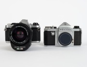 ASAHI KOGAKU: Two chrome-body SLR cameras - one c. 1958 Pentax K body [#165492] with metal body cap, and one c. 1982 Pentax ME F [#3526851] with SMC Pentax AF Zoom 35-70mm f2.8 lens [#7941559], together with instruction booklet. (2 items) - 2