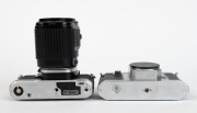 ASAHI KOGAKU: Two chrome-body SLR cameras - one c. 1958 Pentax K body [#165492] with metal body cap, and one c. 1982 Pentax ME F [#3526851] with SMC Pentax AF Zoom 35-70mm f2.8 lens [#7941559], together with instruction booklet. (2 items) - 5