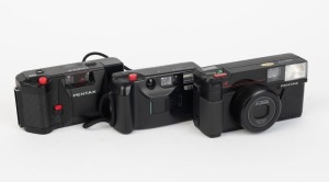 ASAHI KOGAKU: Three c. 1980s black plastic compact cameras - one Pentax PC 35 AF-M, one Pentax Zoom-70, and one Pentax AF PC-303 with wrist strap. (3 cameras)