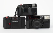 ASAHI KOGAKU: Three c. 1980s black plastic compact cameras - one Pentax PC 35 AF-M, one Pentax Zoom-70, and one Pentax AF PC-303 with wrist strap. (3 cameras) - 2