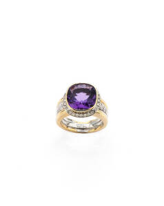 RING: 18ct gold amethyst and diamond dress ring. 13.79 grams.