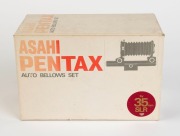 ASAHI KOGAKU: Pentax Spotmatic SLR camera [#3571943], c. 1964, with Super Takumar 55mm f2 lens [#4058221], Pentax Auto Bellows, Slide Copier, 55mm metal bellows scale, and double cable release. Complete with maker's boxes for camera and auto bellows set. - 7