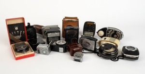 VARIOUS MANUFACTURERS: Sixteen light meters - two versions of the Bertram Electric Bewi with one in leather pouch, one Bertram Amateur in maker's box, one Gossen Bolex for H Reflex, one Gossen Ombrux in leather case, one Gossen Color Finder, one Acweeco. 