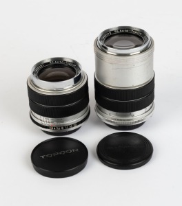 TOKYO KOGAKU: Two c. 1963 lenses with Exakta mounts and front and rear caps - one RE.Auto-Topcor 35mm f2.8 [#7400331], and one RE.Auto-Topcor 135mm f3.5 [#7600390]. (2 items)