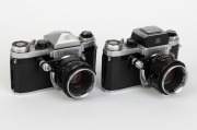 TOKYO KOGAKU: Two c. 1957 SLR cameras - one Topcon R [#154249] with Auto-Topcor 58mm f1.8 lens [#288105], and one Topcon R [#154532] with Auto-Topcor 58mm f1.8 lens [#286944] and waist-level viewfinder. (2 cameras)