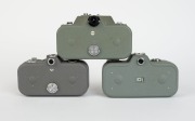 ZEISS IKON: Three c. 1950s 8mm movie cameras - one Movikon 8 [#J50414] with Movitar 10mm f1.9 lens [#3259530], one Movikon 8B [#S28307] with Tessar 10mm f1.9 lens [#2601794], and one Movinette 8B [#Q02803] with Triotar 10mm f2.8 lens [#1920800].&nbsp;(3 movie - 3