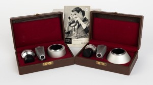 ZEISS IKON: Two lens accessory kits for Movikon 8 in leather-lined maker's boxes - one Movitelar 5532/05 viewfinder with lens attachment, hood, and instruction booklet, together with one Movigonar 5532/04 viewfinder with lens attachment and hood. (2 items)