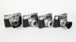 KODAK: Four c. 1960 viewfinder cameras - one Retinette IA with Reomar 50mm f3.5 lens and Pronto shutter, one Retinette IA with Reomar 50mm f3.5 lens and Vero shutter, one Retinette IA with Reomar 50mm f3.5 lens, Vero shutter, and metal Kodak lens hood, an