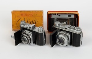 KODAK: Three vertical-folding cameras - one c. 1937 Retina I 141 with Ektar 50mm f3.5 lens [#1250712], one c. 1949 Retina II 014 with Retina-Xenon 50mm f2 lens [#2203286] in maker's box, and one Retina Ia 015 with Retina-Xenar 50mm f2.8 lens [#3254034]. (