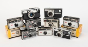 KODAK: Nine c. 1960s compact cameras - two Instamatic 100s in maker's boxes, one Instamatic 104, one Instamatic 204, one Instamatic 250, one Instamatic 300, one Instamatic 400, and two Instamatic 500s (one with maker's box and instruction booklet). (9 cam