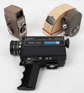BELL & HOWELL: Three 8mm movie cameras - one Filmosonic XL with rubber eyepiece, one Sportster with wrist strap and maker's box, and one Bell & Howell 624. (3 movie cameras)