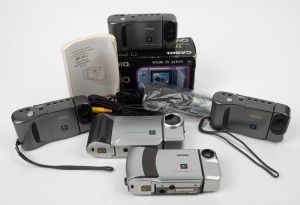 CASIO: Five digital cameras - one QV-10 in maker's box with soft case, cables, and instruction booklet, together with two unboxed QV-10s, one QV-100, and one QV-300. (5 cameras)