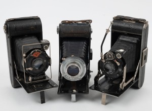 VARIOUS MANUFACTURERS: Three vertical-folding cameras - one Agfa Standard 254 with Anastigmat 105mm f4.5 lens, one Wigin Auta with Cassar 105mm f3.8 lens, and one Siwa model with Radionar 105mm f4.5 lens and shutter release cable. (3 cameras)