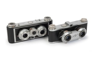 ILOCA: Two c. 1951 stereo viewfinder cameras - one type 2 Iloca Stereo with Jlitar 45mm f3.5 lenses [#16286 & #16287], and one Iloca Stereo II [#326445] with Jlitar V 35mm f3.5 lenses [#40235A & #40235B]. (2 cameras)
