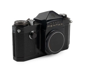 ASAHI KOGAKU: 1957 Pentax AP SLR camera body [#136613], in black, with metal body cap.