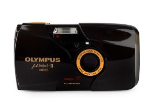 OLYMPUS: Olympus MJU-II Limited Edition compact camera [#0000765] with dark burgundy and gold body, c. 1990s, with 35mm f2.8 lens. Presented in lined maker's box with RC-200 remote control, leather case, strap, original battery, instruction booklet, certi