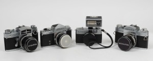 MIRANDA: Four c. 1970s 35mm cameras with front lens caps - one Sensorex, one Sensomat, one Auto Sensorex EE, and one Sensoret with EF-1 flash unit and wrist strap. (4 cameras)