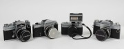 MIRANDA: Four c. 1970s 35mm cameras with front lens caps - one Sensorex, one Sensomat, one Auto Sensorex EE, and one Sensoret with EF-1 flash unit and wrist strap.&nbsp;(4 cameras)
