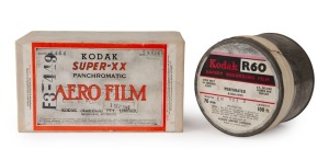 KODAK: One still-sealed 17.5x10x9.5cm box of Super-XX Panchromatic Aero Film, containing an unknown number of rolls of rare infra-red film originally intended for aerial photography. Batch number indicated as 6464, with stamps marked 'F3-449' and 'TROPICAL PACKING - USE BEFORE 1 SEP 1947'. Also 100ft of c. 1940 70mm Kodak R60 Safety Film, still sealed in metal canister. (2 items)