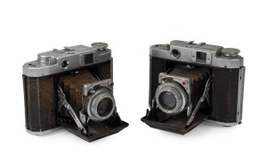 MAMIYA: Two c. 1947 Mamiya-6 IV horizontal-folding cameras - one [#39838] with Zuiko 75mm f3.5 lens [#68280] and 'Made in Occupied Japan' engraving on base, and one [#79472] with Zuiko F.C. 75mm f3.5 lens [#208415]. (2 cameras)