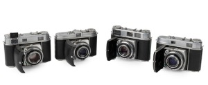 KODAK: Four late 1950s vertical-folding cameras - one Retina IIc 020 with Retina-Xenon 50mm f2.8 lens [#3982022], one Retina Ib 018 with Retina-Xenar 50mm f2.8 lens [#4350061], one Retina IIIc 021 I with Retina-Xenon C 50mm f2 lens [#7366523], and one Ret