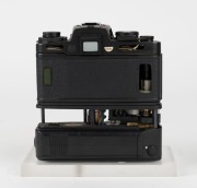 LEITZ: Black Leica R4 camera body and R4 Motor Winder cutaway model, c. 1980, mounted on transparent base with 'Ernst Leitz Wetzlar GMBH' engraving. - 3