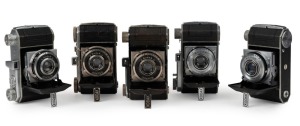 KODAK: Five c. 1930s Retina I cameras -  one Type 118 [#690803] with unusual chrome top plate, one Type 119 [#911773] with Retina-Xenar 50mm f3.5 lens and Compur shutter, one Type 141 [#263219] with Anastigmat Ektar 50mm f3.5 lens and Compur shutter, one 