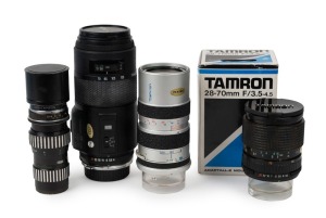 TAMRON: Four lenses with various mounts - one BBar MC Tamron CF Macro 28-70mm f3.5-4.5 [#711226] in maker's box with front and rear lens caps and instruction booklet, one BBar Multi C. Auto Tamron Zoom 70-150mm f3.8 [#5612383] with rear lens cap, one Tamr