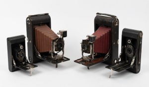 KODAK: Four vertical-folding cameras - one c. 1909 No. 3A Folding Pocket with beautifully preserved red bellows, one c. 1910 No. 3A Folding Pocket with light-brown bellows and shutter release cable, one c. 1916 No. 2 Folding Autographic Brownie, and one c. 1926 No. 2A Folding Cartridge Hawk-Eye. (4 cameras)