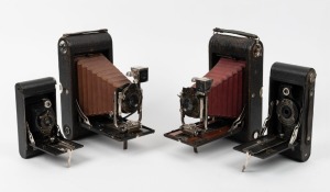 KODAK: Four vertical-folding cameras - one c. 1909 No. 3A Folding Pocket with beautifully preserved red bellows, one c. 1910 No. 3A Folding Pocket with light-brown bellows and shutter release cable, one c. 1916 No. 2 Folding Autographic Brownie, and one c