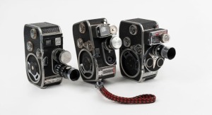 BOLEX PAILLARD: Three c. 1950s double-8 movie cameras - one B8 with two lenses and one lens cap, one B8L with one lens, lens cap, and wrist strap attachment, and one D8L with one lens. (3 movie cameras)
