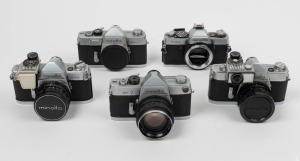 MINOLTA: Five c. 1960s SLR cameras - one SR-7 [#2138944] with front lens cap, one SR-3 [#1232460] with meter attachment and front lens cap, one SR-1 [#1239741] with SR-Meter·2 and front lens cap, one SR-1 body [#2183819] with body cap, and one XG1 body [#