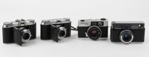 VOIGTLÄNDER: Four cameras in black and chrome - one VF 135 with Color-Skoparex 40mm f2.3 lens, lens cap, and wrist strap, one Bessy AK with Color-Lanthar 38mm f2.8 lens, and two Vito II models with Color Skopar 50mm f3.5 lenses. (4 cameras)