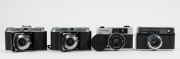 VOIGTL&Auml;NDER: Four cameras in black and chrome - one VF 135 with Color-Skoparex 40mm f2.3 lens, lens cap, and wrist strap, one Bessy AK with Color-Lanthar 38mm f2.8 lens, and two Vito II models with Color Skopar 50mm f3.5 lenses. (4 cameras) - 3