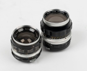 NIPPON KOGAKU: Two non-AI lenses - one Nikkor-S Auto 35mm f2.8 [#367442], and one Nikkor-P Auto 105mm f2.5 [#258906]. (2 items)