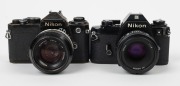 NIPPON KOGAKU: Two c. 1978 black-body SLR cameras - one Nikon FE [#3502232] with Nikkor 50mm f1.4 lens [#2904261], and one Nikon EM [#6711920] with AF Nikkor 50mm f1.8 lens [#2018681]. (2 cameras) - 3