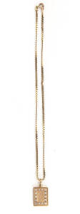 PENDANT: Modern 14ct gold chain with diamond set rectangular pendant. 9.5 grams.