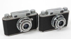 KONICA: Two Konica (I) rangefinder cameras, c. 1948, with Hexar 50mm f3.5 lenses. Both with 'Made in Occupied Japan' embossed into leather on base; one of them additionally has 'Konishiroku' embossed onto camera back. (2 cameras)