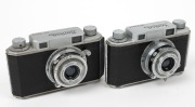 KONICA: Two Konica (I) rangefinder cameras, c. 1948, with Hexar 50mm f3.5 lenses. Both with 'Made in Occupied Japan' embossed into leather on base; one of them additionally&nbsp;has 'Konishiroku' embossed onto camera back. (2 cameras)