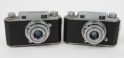 KONICA: Two Konica (I) rangefinder cameras, c. 1948, with Hexar 50mm f3.5 lenses. Both with 'Made in Occupied Japan' embossed into leather on base; one of them additionally&nbsp;has 'Konishiroku' embossed onto camera back. (2 cameras) - 2