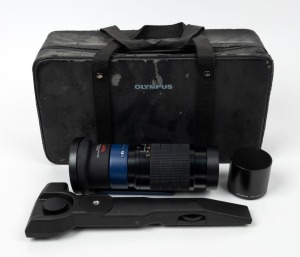 OLYMPUS: Camedia TCON-300 Tele Extension Lens Pro with front and rear caps, in maker's case with lens hood and Olympus TCON-SA1 Support Arm.