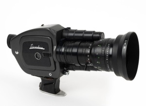BEAULIEU: Circa 1971 Beaulieu 4008 ZM II 8mm movie camera [#916373], with Optivaron 6-66mm f1.8 lens [#12264979], Soligor lens filter, metal lens hood, and hand grip.