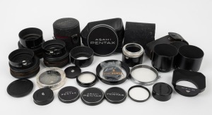 ASAHI KOGAKU: An accumulation of thirty photography accessories of various sizes - nine metal lens hoods, five lens filters, five metal lens caps, four plastic lens caps, and seven black leather accessory cases. (30 items)