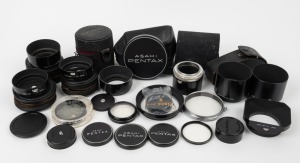 ASAHI KOGAKU: An accumulation of thirty photography accessories of various sizes - nine metal lens hoods, five lens filters, five metal lens caps, four plastic lens caps, and seven black leather accessory cases. (30 items)