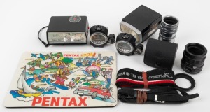 ASAHI KOGAKU: An accumulation of ten photography accessories - two round-style clip-on Pentax Meters, one Macro Takumar Reverse Adapter, one black set of three extension tubes in leather case, one chrome set of four extension tubes, two flash units, two camera straps, and one Pentax Espio mouse pad. (10 items)