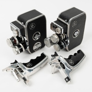 BOLEX PAILLARD: Two c. 1950s double-8 movie cameras with Kern II lenses, a complete set of metal lens caps, and one D8L [#874692] and one B8L [#705430] pistol grip attachment. (2 cameras)
