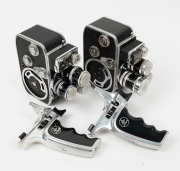 BOLEX PAILLARD: Two c. 1950s double-8 movie cameras with Kern II lenses, a complete set of metal lens caps, and one D8L [#874692] and one B8L [#705430] pistol grip attachment. (2 cameras) - 2