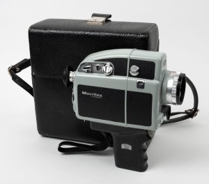 ZEISS IKON: Moviflex Super ciné camera [#A73361], c. 1963, in maker's black leather case with hand grip attachment, and lens filter in plastic case.